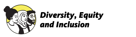 Illustration of three diverse people looking to the right. Text: Diversity, Equity and Inclusion