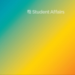 Blue gold gradient background with transparent white Student Affairs graphic in upper right corner