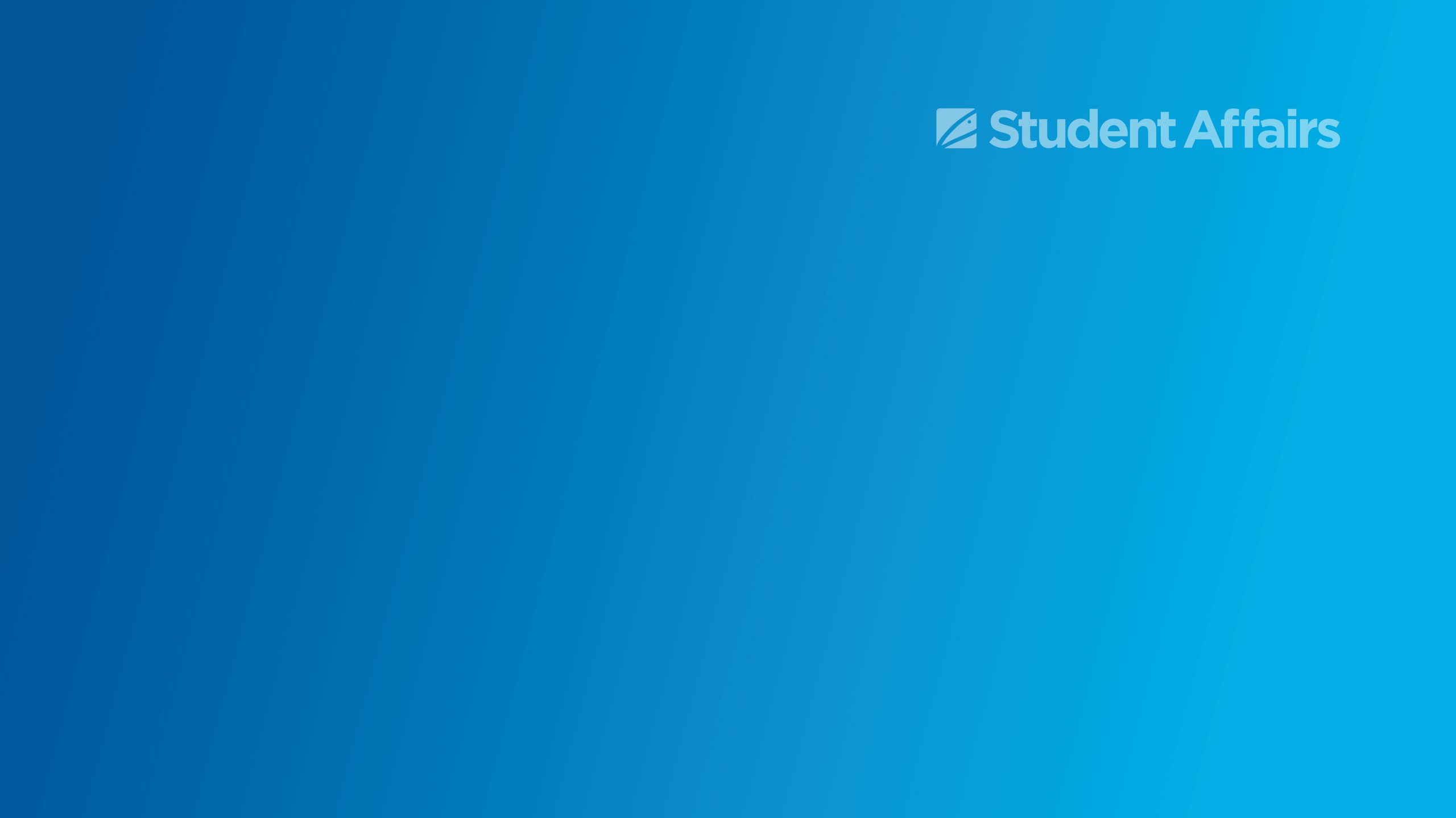 Blue gradient background with transparent white Student Affairs graphic in upper right corner