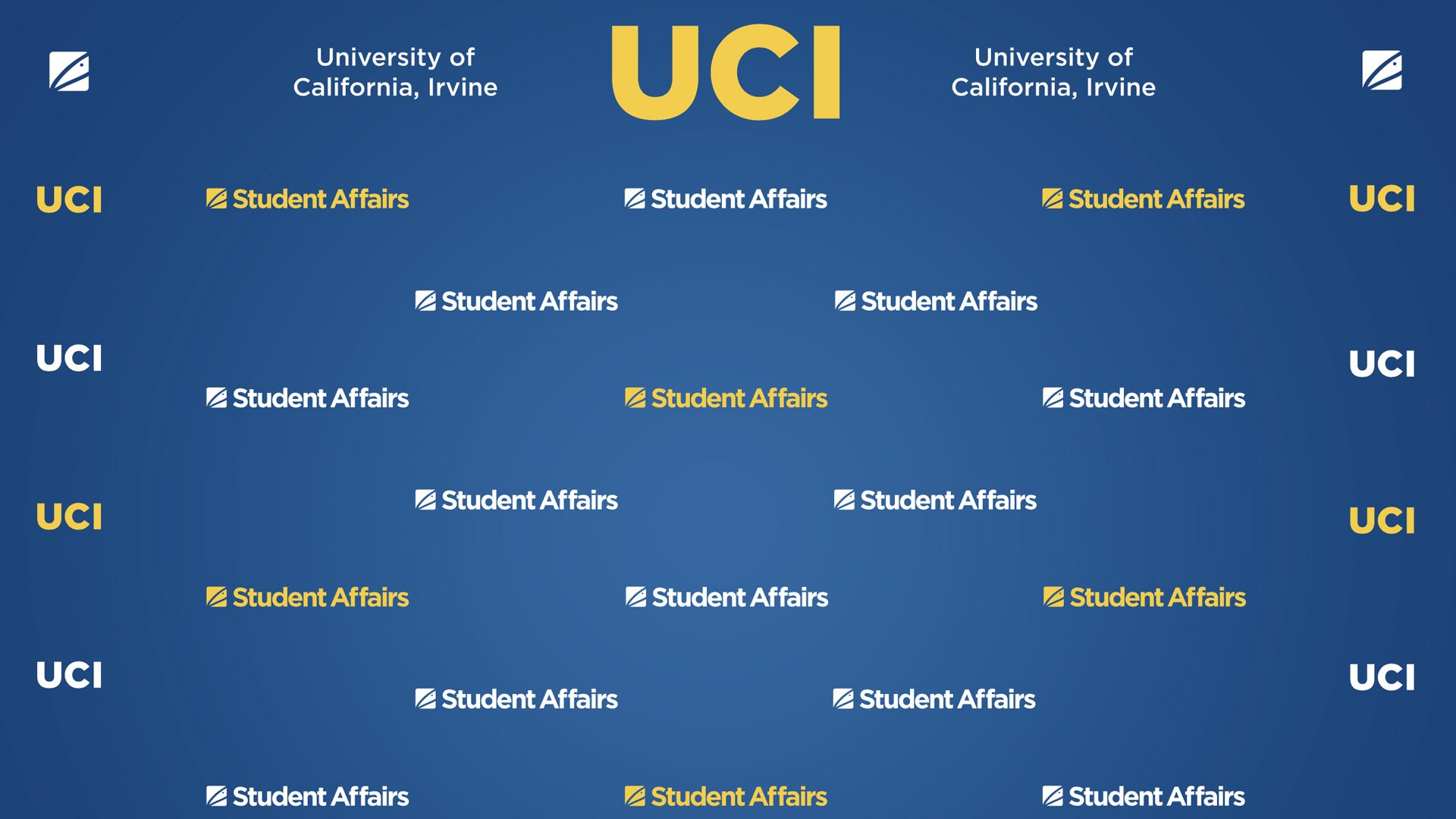 Dark blue gradient background with large yellow UCI logo at top, flanked by white University of California, Irvine logos and multiple yellow and white Student Affairs graphics in a repeating pattern below
