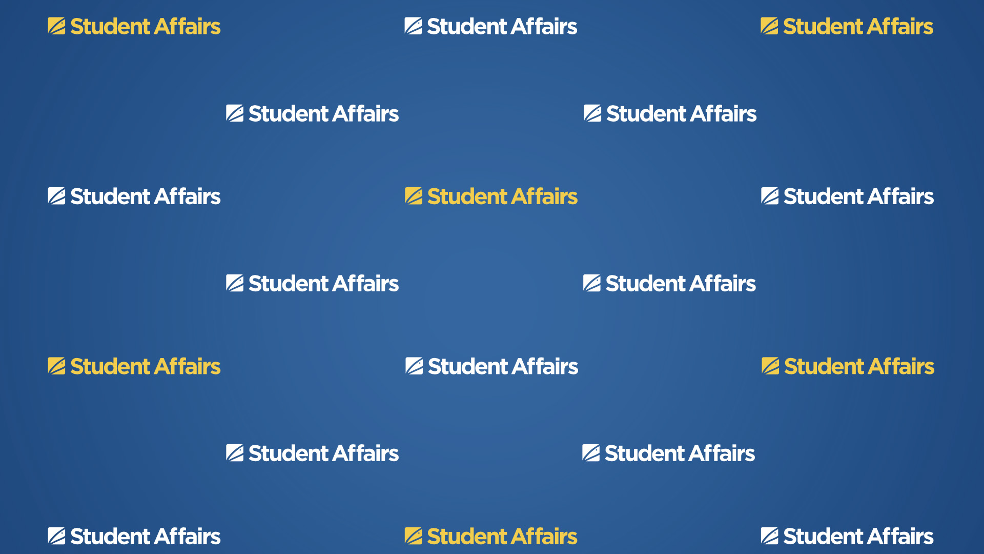 Dark blue gradient with multiple white and yellow Student Affairs graphics in a step and repeat pattern across the entire screen