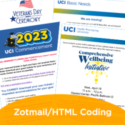 Collage of four Zotmails created by SA Comms. Text: Zotmail/HTML Coding